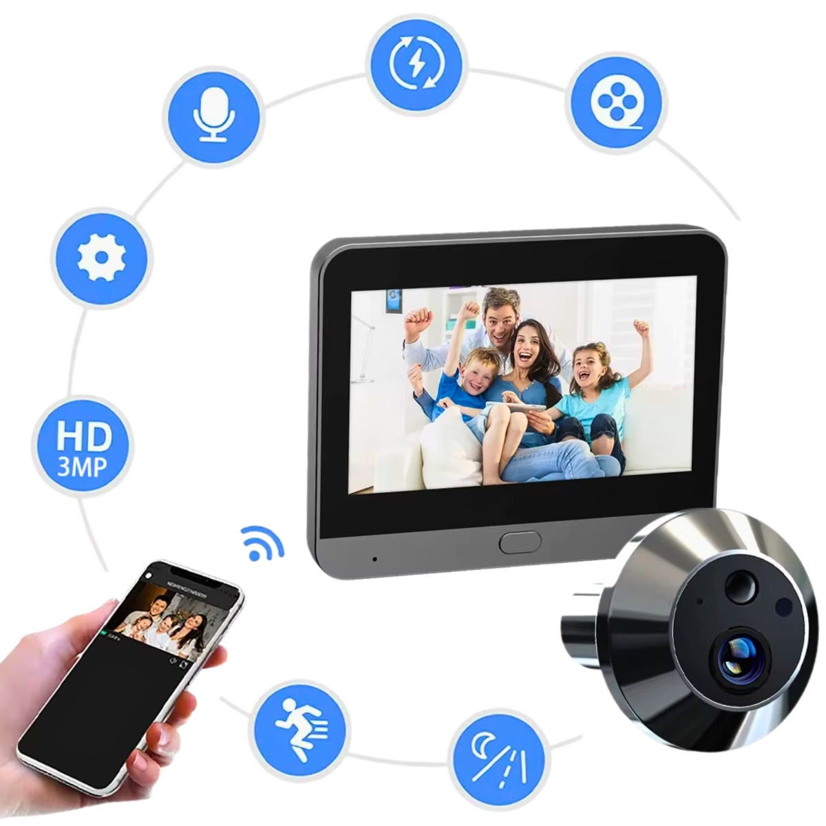 עינית חכמה 1080P עם רדאר, זיהוי אדם, מצלמת אבטחה מינית אלחוטית עם Wi-Fi 2.4G ומסך דיגיטלי לבית