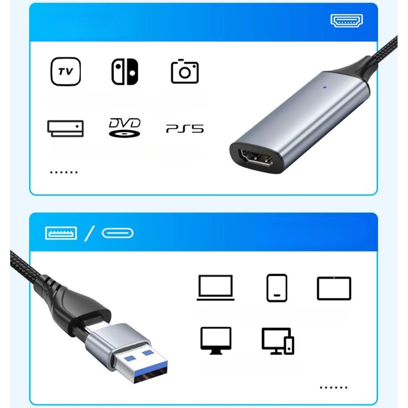 כרטיס לכידת וידאו חיצוני נייד USB 3.0 - תואם HDMI ל-USB/Type-C להקלטה חלקה ולשידור חי באיכות מדהימה , כבל וידאו מבית סמארטקום . מתאים לשימוש כ hdmi Type c כבלים מתאמים .