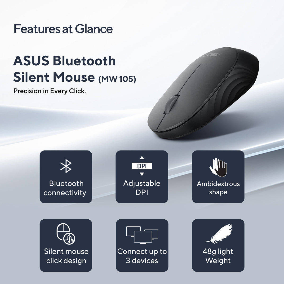 ASUS Bluetooth Silent Mouse MW105 , עכבר אלחוטי מבית Asus . מתאים לשימוש כ .
