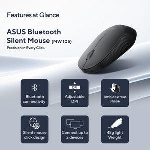 ASUS Bluetooth Silent Mouse MW105 , עכבר אלחוטי מבית Asus . מתאים לשימוש כ .