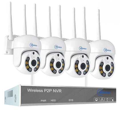 מערכת אבטחת IP WIFI PTZ עם 4 מצלמות אבטחה מוגנות מים IP66, קודק H.265, חמש מגה פיקסל (5MP), שני כיווני שמע ו - NVR לשליטה ברחבי הבית