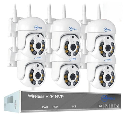 מערכת אבטחת IP WIFI PTZ עם 6 מצלמות אבטחה מוגנות מים IP66, קודק H.265, חמש מגה פיקסל (5MP), שני כיווני שמע ו - NVR לשליטה ברחבי הבית
