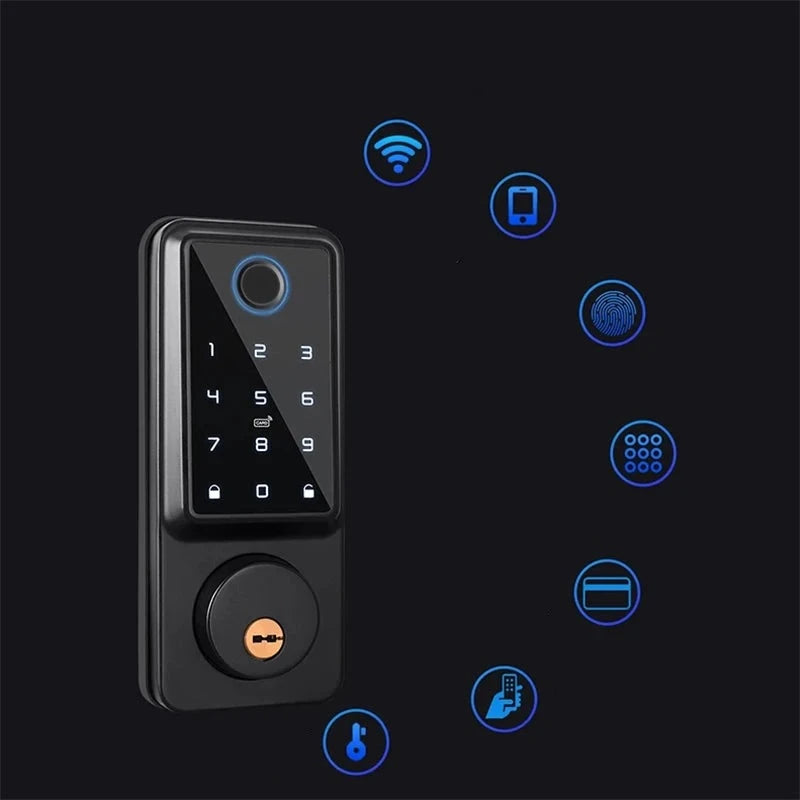 מנעול אלקטרוני חכם עם חיבור לאפליקציית Tuya באמצעות WIFI - נעילה ללא מפתח באמצעות קוד דיגיטלי, זיהוי טביעת אצבע, כרטיס IC ומפתח מכאני , מנעול חכם מבית סמארטקום . מתאים לשימוש כ WiFi מנעול חכם .