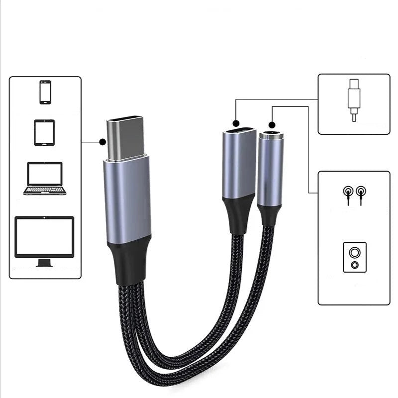 ממיר USB Type C לאוזניות 3.5 מ"מ AUX וטעינה מהירה עד 60W, מתאים גם למקבוק ולסמסונג , כבל אודיו מבית סמארטקום . מתאים לשימוש כ AUX מתאמים .