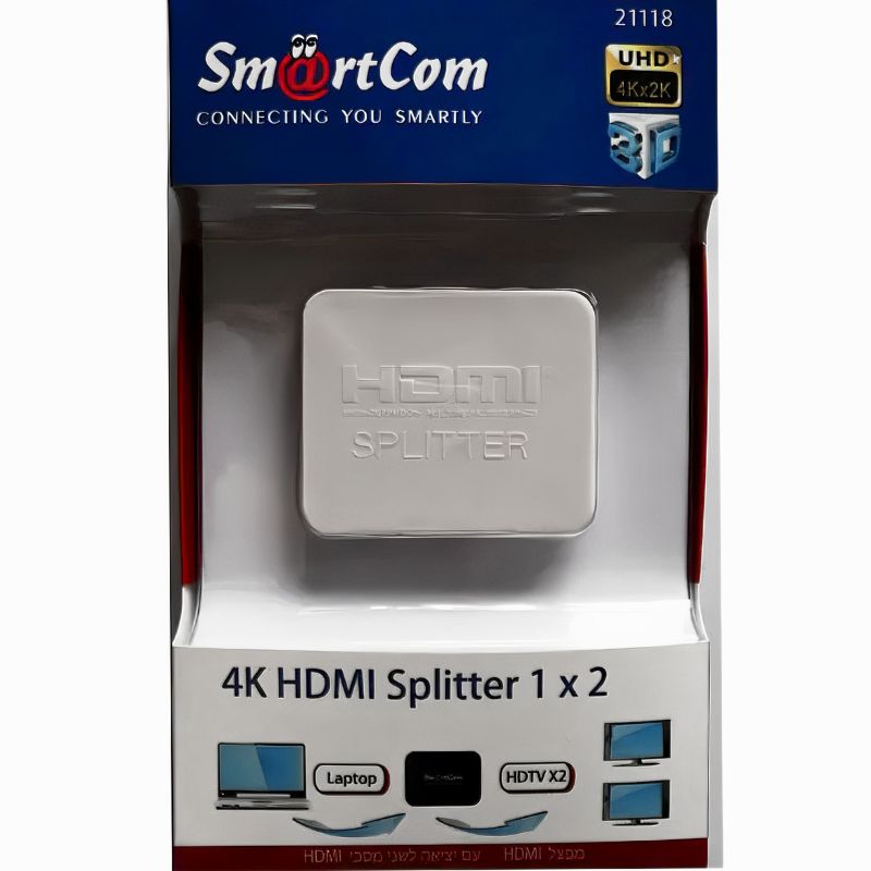 מחלק מסך HDMI אחד לשני מסכים , מפצל וידאו מבית סמארטקום . מתאים לשימוש כ cable HDMI SPLITTER כבלים .