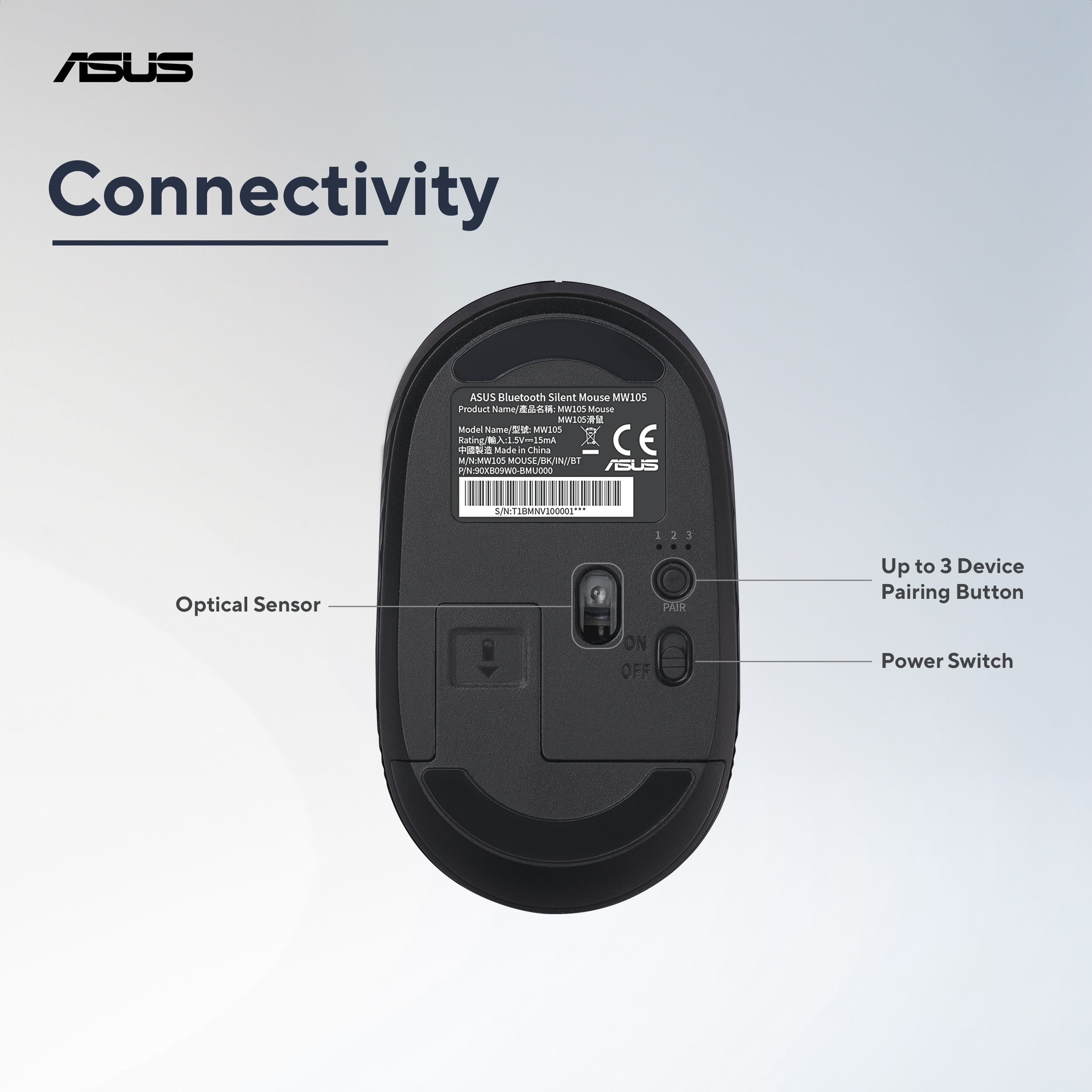 ASUS Bluetooth Silent Mouse MW105 , עכבר אלחוטי מבית Asus . מתאים לשימוש כ .