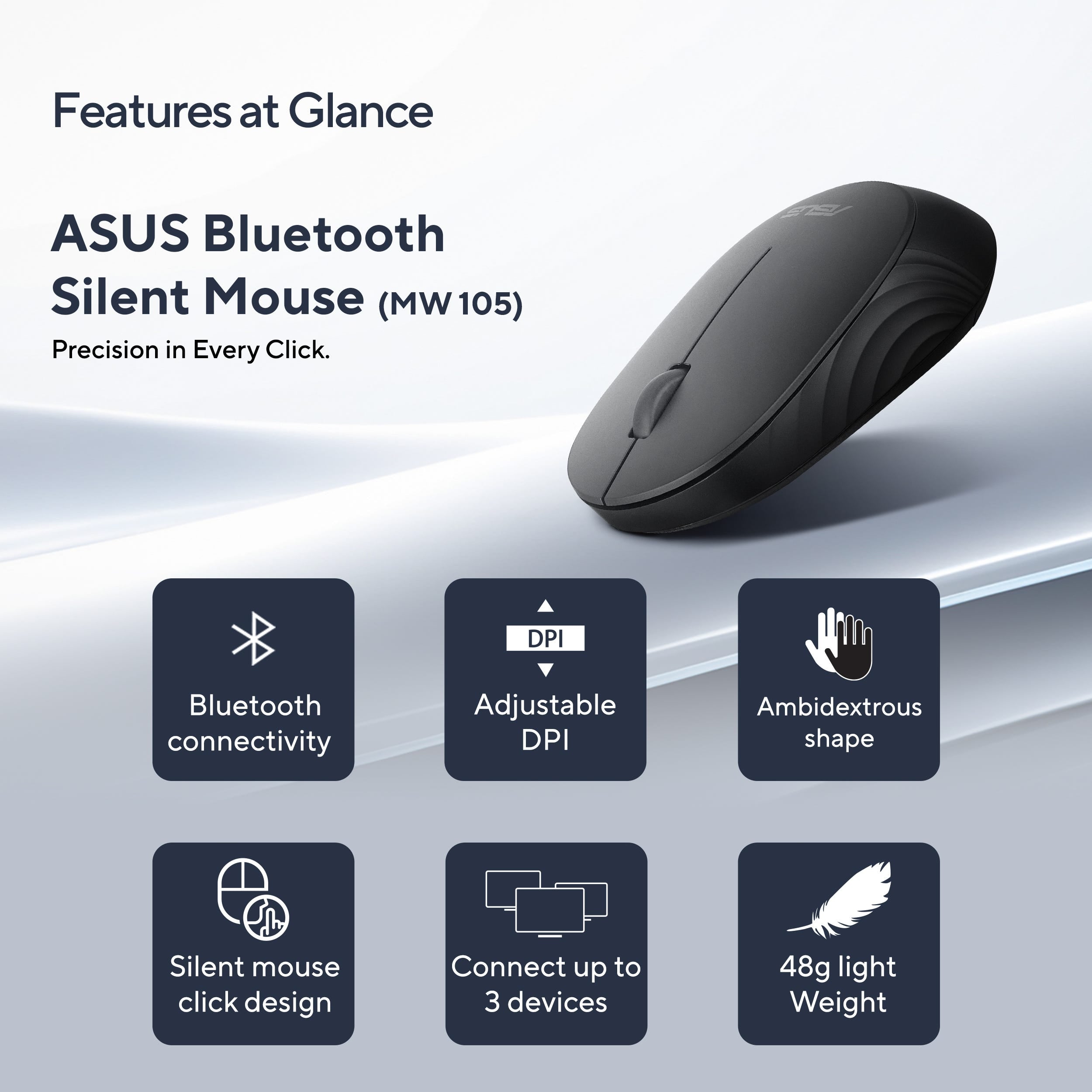 ASUS Bluetooth Silent Mouse MW105 , עכבר אלחוטי מבית Asus . מתאים לשימוש כ .